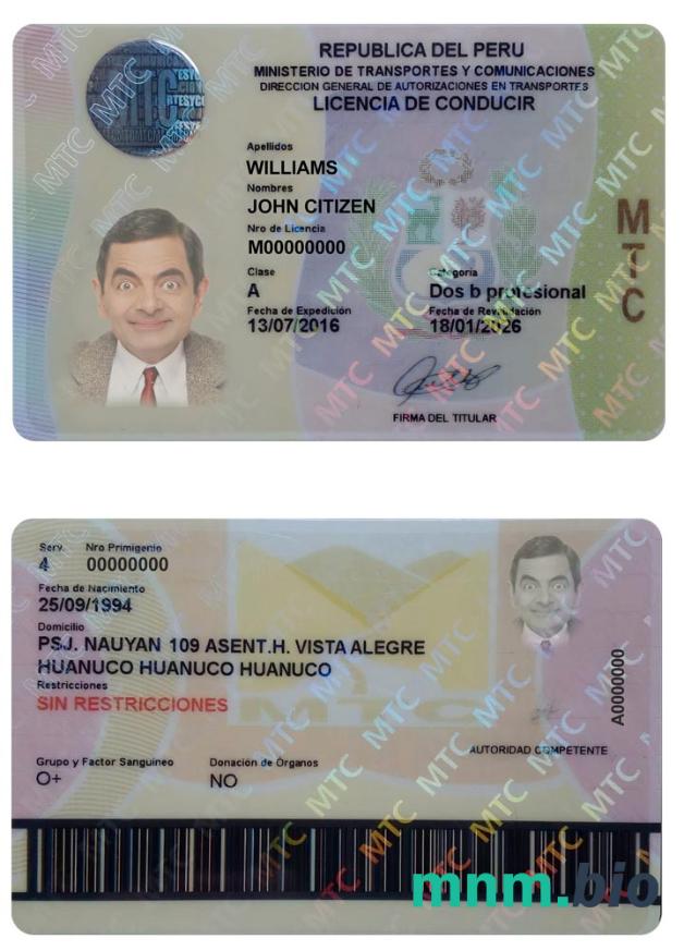 Szablon prawa jazdy PERU w formacie PSD, ze wszystkimi czcionkami
